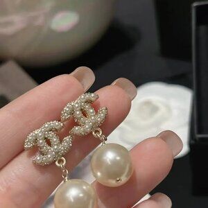 CHANEL Faux Pearl & Strass Gold CC Stud Earrings